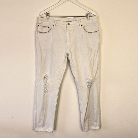CLEARANCE - Levi's 501 CT White Mid Rise Distressed Button Fly Jeans - Picture 2 of 7